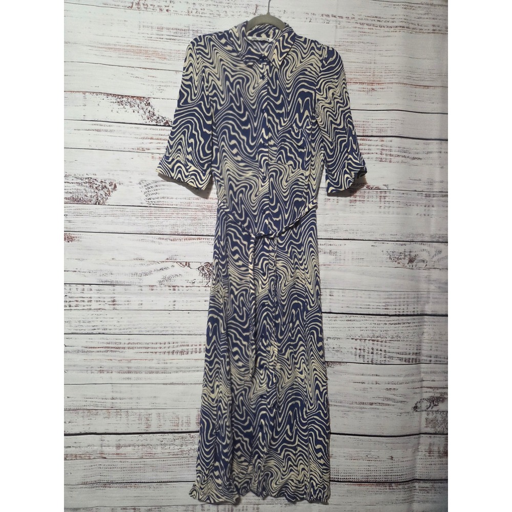 Zara Blue Wavy Psychedelic Print Midi Shirt Dress Short Sleeve Belted Small